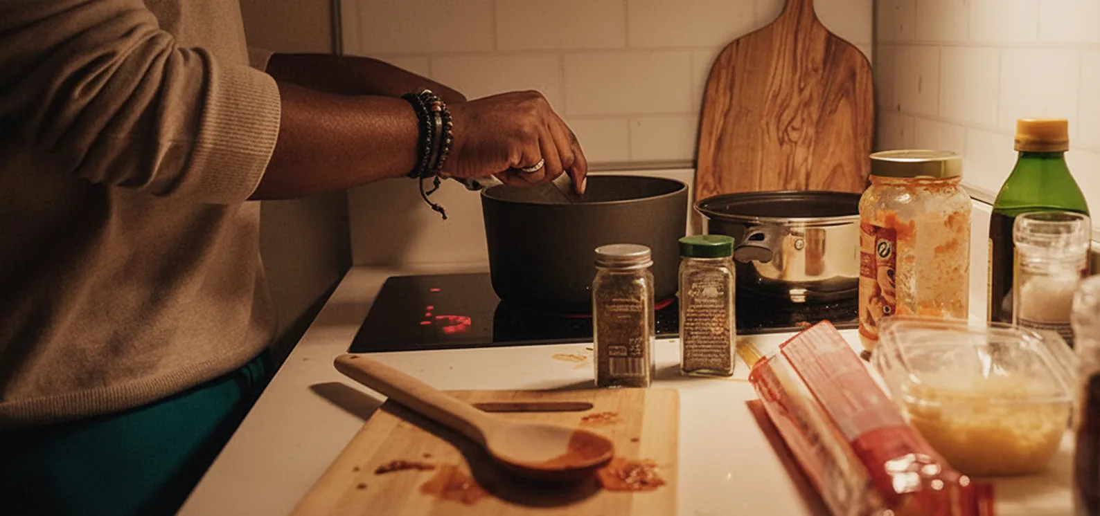 A person cooking at on a stovetop with utensils, spices and ingredients on the countertop